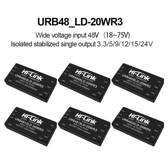 URB4805LD-20WR3 URB4812LD/URB4809LD/URB4824LD DCDC isolated and regulated power module 48V to 3.3/9/12/15/24V single output