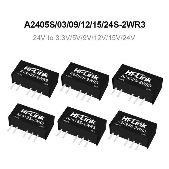 A2405S-2WR3/A2403S/A2412S/A2415S/A2424S-2WR3 Dual output 24V to 3.3V/5V/9V/12V/15V/24V 2W DC to DC power module/converter