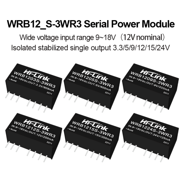 WRB1205S-3WR3/WRB1212S-3WR3 WRB1203S/WR1209S/WRB1215S-WRB12244S-3WR3 3W DC-DC Isolation Voltage Power Module